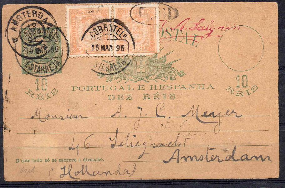 0197.jpg -     Lote:    197            Portugal       Descrição:         1896 &mdash; D. Carlos I Mouchon &mdash; OM23, 10 reis. Circulado de Estarreja (16.03.96) para Amesterdão (19.03.96) com par de selos adicional de 5 reis CE68.        IC       Valor Base:     &euro; 8,00     Valor Venda:     Retirado     