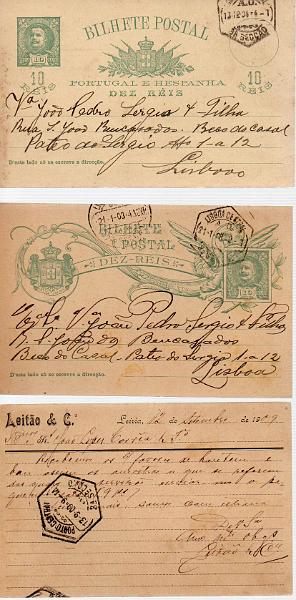 0200.jpg -     Lote:    200            Portugal       Descrição:         1896/1907 &mdash; D. Carlos I Mouchon. Lote com 6 inteiros OM23, OM41 e OM42. Repicados no verso por "EMYDIO RIBEIRO PEREIRA", "LEITÃO & C.ª" e "E. GEORGE". Todos diferentes.        Lote       Valor Base:     &euro; 12,00     Valor Venda:     Retirado     