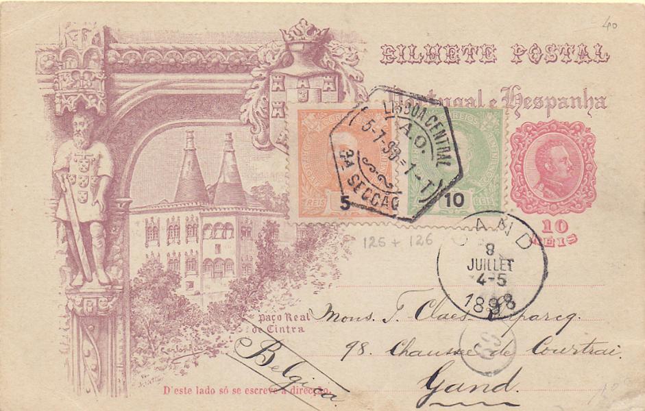 0202.jpg -     Lote:    202            Portugal       Descrição:         1898 &mdash; 4.º Centenário do Descobrimento do Caminho Marítimo para a Índia. OM29, 10 reis, Paço real de Sintra. Circulado de Lisboa (05.07.98) para a Gand (08.07.98) com selos adicionais de 5 e 10 reis CE127/28. Circulado fora do período normal.        IC       Valor Base:     &euro; 15,00     Valor Venda:     Retirado     