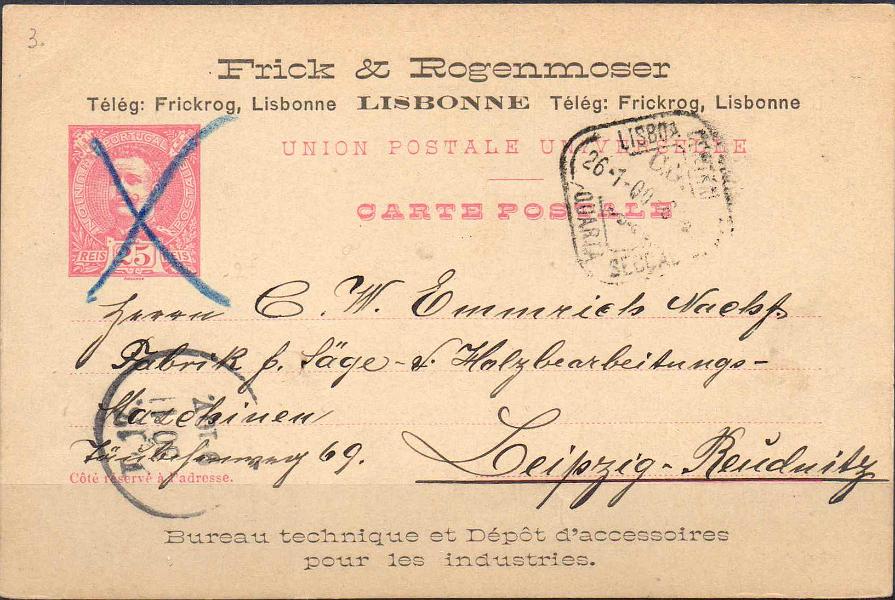 0203.jpg -     Lote:    203            Portugal       Descrição:         1900/04 &mdash; D. Carlos I Mouchon. OM36, 25 reis. Circulado de Lisboa (26.01.00) para Leipzig (30.01.00). Repicado por "FRICK & ROGENMOSER".        IC       Valor Base:     &euro; 12,00     Valor Venda:     Retirado     
