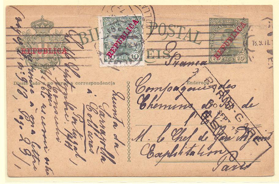 0206.jpg -     Lote:    206            Portugal       Descrição:         1910 &mdash; D. Manuel II, com sobrecarga REPUBLICA. OM52, 10 reis. Circulado com adicional de 10 reis CE172 de Colares (18.09.11) para Paris.        IC       Valor Base:     &euro; 12,00     Valor Venda:     Retirado     