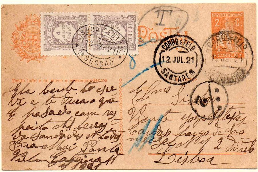 0210.jpg -     Lote:    210            Portugal       Descrição:         1918/20 &mdash; Ceres. OM61, 2c ocre. Circulado de Vilgateira (12.07.21) para Lisboa (13.07.21) com insuficiência de porte. Foi porteado com o dobro do porte em falta com par de selos de 4c CE POR25. Carimbo batido a preto de "VILGATEIRA (SANTARÉM)". MB e R.        IC       Valor Base:     &euro; 30,00     Valor Venda:     &euro; 55,00     