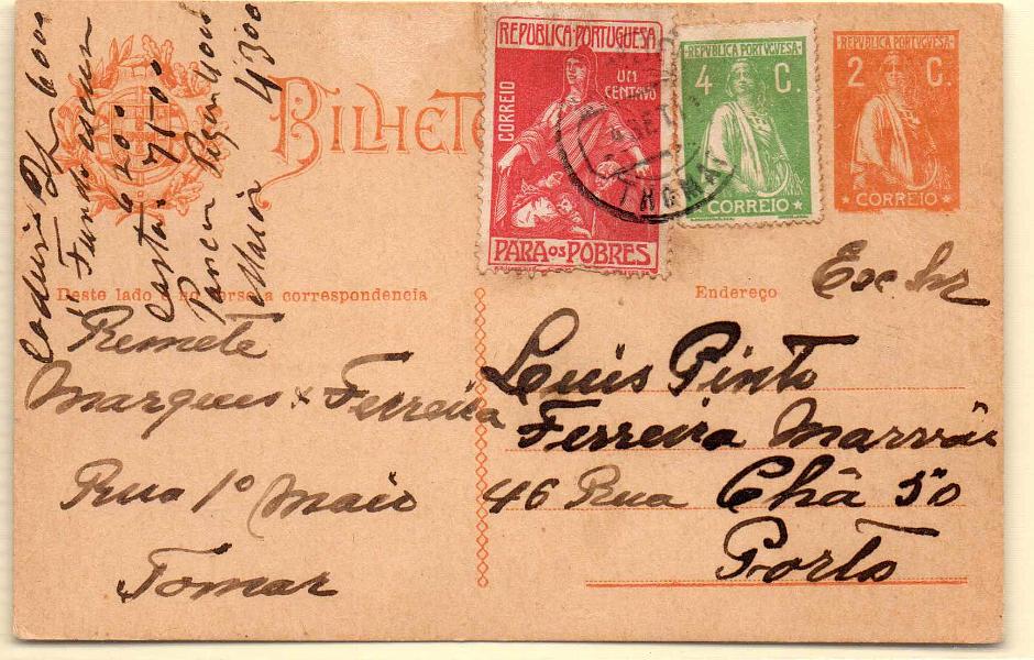 0211.jpg -     Lote:    211            Portugal       Descrição:         1918/20 &mdash; Ceres. OM61, 2c ocre. Circulado de Tomar (04.09.21) para o Porto com selo adicional de 4c CE226 + selo do imposto postal "Para os Pobres" de 1c CE IP7.        IC       Valor Base:     &euro; 10,00     Valor Venda:     &euro; 10,00     