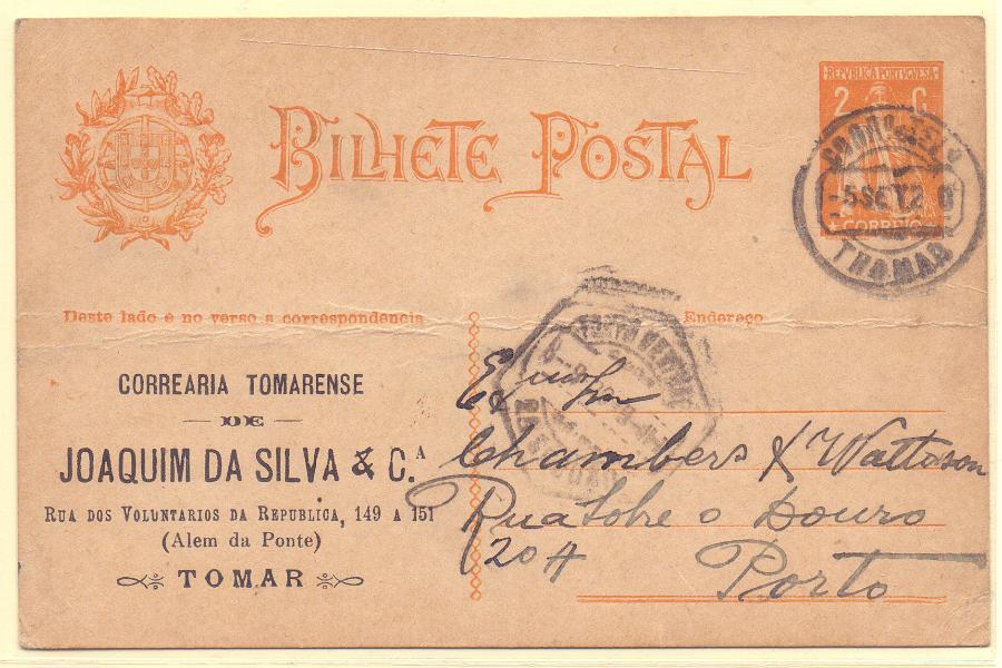 0212.jpg -     Lote:    212            Portugal       Descrição:         1918/20 &mdash; Ceres, OM61, 2c laranja sobre cartolina camurça. Circulado de Tomar (05.09.20) para o Porto. Repicado por: CORREARIA TOMARENSE / DE / JOAQUIM DA SILVA & CIA".        IC       Valor Base:     &euro; 12,00     Valor Venda:     &euro; 34,00     