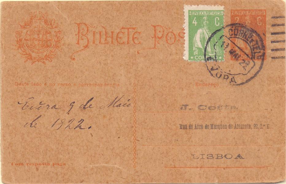 0213.jpg -     Lote:    213            Portugal       Descrição:         1918/20 &mdash; Ceres. OM63, 2+2c ocre. Primeira folha (Com Resposta Paga) circulada com selo adicional de 4c tipo Ceres, CE226 de Évora (10.05.22) para Lisboa.        IC       Valor Base:     &euro; 12,00     Valor Venda:     &euro; 18,00     