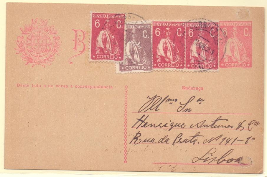 0214.jpg -     Lote:    214            Portugal       Descrição:         192&frac12;2 &mdash; Ceres. OM68, 6c rosa. Circulado da Madeira (15.03.21) para Lisboa, com selos adicionais de 1C CE221 + 3x6c CE228.        IC       Valor Base:     &euro; 12,00     Valor Venda:     &euro; 15,00     