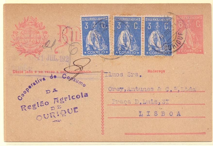 0215.jpg -     Lote:    215            Portugal       Descrição:         192&frac12;2 &mdash; Ceres. OM68, 6c rosa. Circulado de Ourique (18.06.23) para Lisboa, com 3 selos adicionais de 3c azul, denteado 12x11 &frac12;. CE235.        IC       Valor Base:     &euro; 12,00     Valor Venda:     &euro; 14,00     