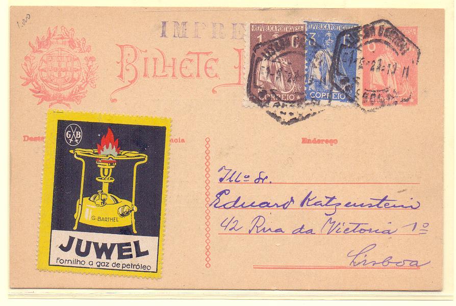 0216.jpg -     Lote:    216            Portugal       Descrição:         192&frac12;2 &mdash; Ceres. OM68, 6C. Circulado com selos adicionais de 1c e 3c tipo Ceres CE221 e 235 perfazendo o porte de $10 para impressos. Rara utilização de um inteiro com o porte de impresso (O porte dos inteiros à data era de 15c). B e R.        IC       Valor Base:     &euro; 25,00     Valor Venda:     &euro; 80,00     