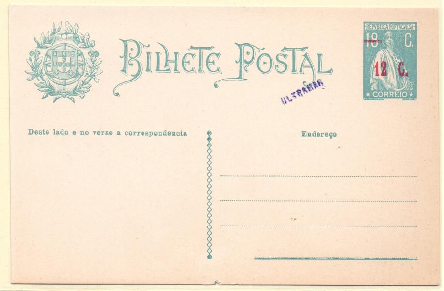 0217.jpg -     Lote:    217            Portugal       Descrição:         1922 &mdash; Ceres, com sobretaxa. OM71, 12c s/ 18c azul verde. Inteiro com sobrecarga "ULTRAMAR", batida a violeta, aplicada em todos os 23 exemplares enviados pela UPU como mostruário e com destino ao Ministérios das Colónias e para os arquivos das Direcções Postais das ex-colónias.        IN       Valor Base:     &euro; 40,00     Valor Venda:     &euro; 40,00     