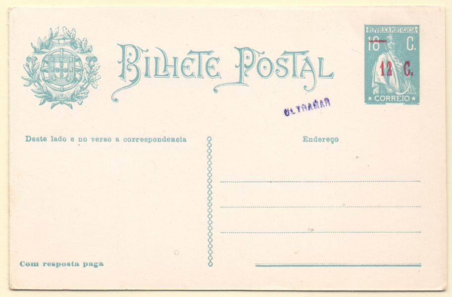 0218.jpg -     Lote:    218            Portugal       Descrição:         1922 &mdash; Ceres, com sobretaxa. OM72, 12+12c s/ 18+18c azul verde. Inteiro com sobrecarga "ULTRAMAR", batida a violeta, aplicada em todos os 23 exemplares enviados pela UPU como mostruário e com destino ao Ministérios das Colónias e para os arquivos das Direcções Postais das ex-colónias.        IN       Valor Base:     &euro; 50,00     Valor Venda:     &euro; 50,00     