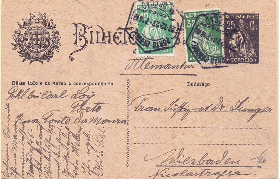 0219.jpg -     Lote:    219            Portugal       Descrição:         1924/26 &mdash; Ceres. OM74, 25 reis preto. Circulado do porto (27.12.27) para a Alemanha, com selos adicionais tipo Ceres, emissão Londres de 32c e 40c, CE405/406. MB.        IC       Valor Base:     &euro; 15,00     Valor Venda:     &euro; 18,00     