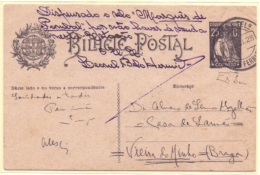 0221.jpg -     Lote:    221            Portugal       Descrição:         1924 &mdash; Ceres. OM74a, 25c preto. Circulado de Vila Fernando (15.05.28) para Vieira do Minho. Não foi franquiado com selo do imposto postal "Monumento ao marquês de Pombal" por não existirem selos na estação. Informação prestada pelo chefe da estação postal a manuscrito "DISPENSADO O SELO "MARQUÊS DE POMBAL", POR NÃO HAVER À VENDA NESTA "ESTAÇÃO" / O E. E. / LEONEL BELO HERMIDA". MB e MR.        IC       Valor Base:     &euro; 250,00     Valor Venda:     &euro; 750,00     