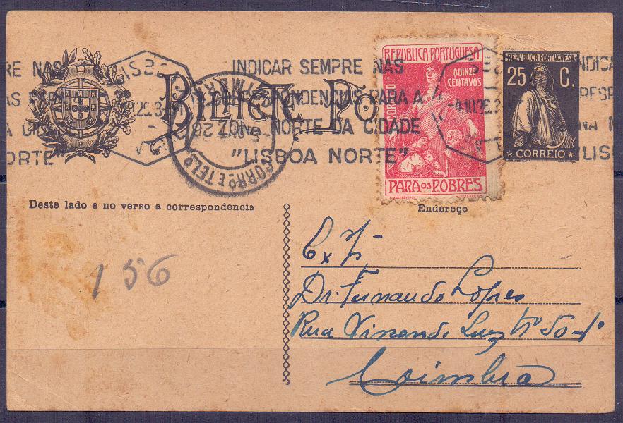 0222.jpg -     Lote:    222            Portugal       Descrição:         1924/26 &mdash; Ceres. OM74b, 25 c preto. Circulado de Lisboa (04.10.26) para Coimbra (05.10.26) com selo adicional do imposto postal "Para os Pobres" de 15c CE IP10.        IC       Valor Base:     &euro; 15,00     Valor Venda:     Retirado     