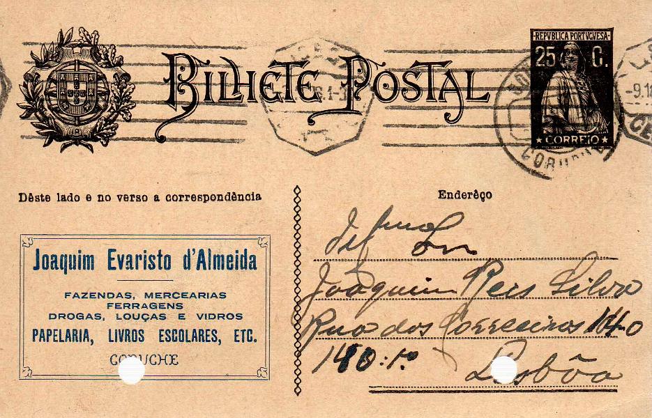 0224.jpg -     Lote:    224            Portugal       Descrição:         1924 &mdash; Ceres. OM74b. Circulado de Coruche (08.11.28) para Lisboa. Furos de arquivo. Repicado por JOAQUIM EVARISTO D'ALMEIDA.        IC       Valor Base:     &euro; 8,00     Valor Venda:     &euro; 24,00     