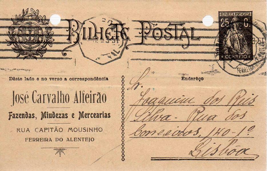 0225.jpg -     Lote:    225            Portugal       Descrição:         1924 &mdash; Ceres. OM74a. Circulado de Ferreira do Alentejo (08.11.29) para Lisboa. Furos de arquivo. Repicado por JOSÉ CARVALHO ALFEIRÃO.        IC       Valor Base:     &euro; 8,00     Valor Venda:     &euro; 20,00     