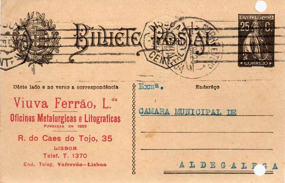 0226.jpg -     Lote:    226            Portugal       Descrição:         1924 &mdash; Ceres. OM74a. Circulado de Lisboa (01.04.29) para Aldegalega. Furos de arquivo. Repicado por VIUVA FERRÃO, LDª.        IC       Valor Base:     &euro; 8,00     Valor Venda:     &euro; 14,00     