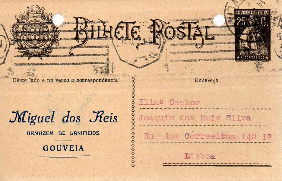 0227.jpg -     Lote:    227            Portugal       Descrição:         1924 &mdash; Ceres. OM74b. Circulado de Gouveia (14.10.28) para Lisboa. Furos de arquivo. Repicado por MIGUEL DOS REIS.        IC       Valor Base:     &euro; 8,00     Valor Venda:     &euro; 22,00     