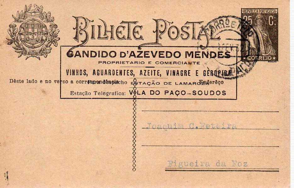 0228.jpg -     Lote:    228            Portugal       Descrição:         1924 &mdash; Ceres. OM74b. Circulado de Vila do Paço (04.02.32) para a Figueira da Foz. Repicado fora do local destinado à correspondência por CÂNDIDO D'AZEVEDO MENDES.        IC       Valor Base:     &euro; 12,00     Valor Venda:     &euro; 24,00     