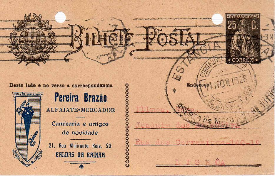 0229.jpg -     Lote:    229            Portugal       Descrição:         1924 &mdash; Ceres. OM74b. Circulado de Caldas da Rainha (14.11.28) para Lisboa. Furos de arquivo. Repicado por PEREIRA BRAZÃO * ALFAIATE-MERCADOR.        IC       Valor Base:     &euro; 10,00     Valor Venda:     &euro; 16,00     