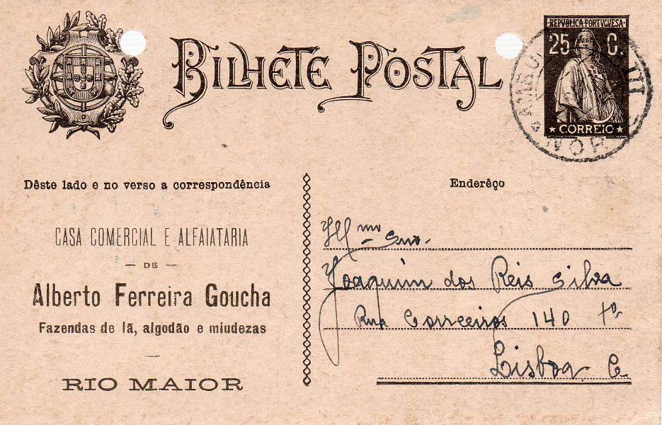 0230.jpg -     Lote:    230            Portugal       Descrição:         1924 &mdash; Ceres. OM74c. Circulado de Rio Maior (26.09.28) para Lisboa. Furos de arquivo. Repicado por CASA COMERCIAL E ALFAIATARIA DE ALBERTO FERREIRA GOUCHA..        IC       Valor Base:     &euro; 8,00     Valor Venda:     &euro; 22,00     