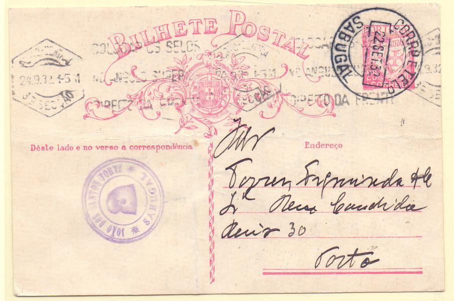 0233.jpg -     Lote:    233            Portugal       Descrição:         1931 &mdash; Lusíadas. OM80, 25c carmim. Circulado de Sabugal (22.09.32) para o Porto. Carimbo do remetente com barrete frígio. Dobra ao centro.        IC       Valor Base:     &euro; 10,00     Valor Venda:     Retirado     