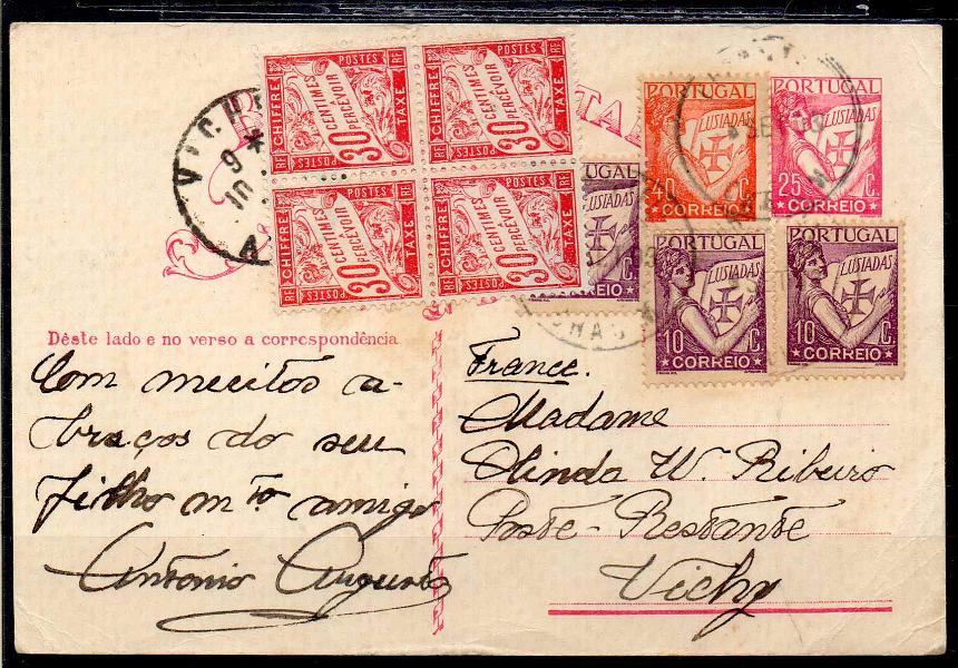 0234.jpg -     Lote:    234            Portugal       Descrição:         1931 &mdash; Selo tipo Lusíadas. OM80, 25c carmim, cartolina branca. Circulado de Chacim (01.09.33) para Vichy * França, com selos adicionais tipo Lusíadas, 3x10c e 40c. Remetido para a Posta Restante, foi porteada em França com 4 selos de 30c.        IC       Valor Base:     &euro; 15,00     Valor Venda:     Retirado     