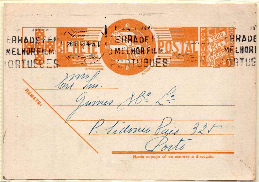 0235.jpg -     Lote:    235            Portugal       Descrição:         194&frac14;2 &mdash; Tudo pela Nação. OM94, $30 ocre. Circulado de Lisboa (28.08.43) para o Porto. Repicado no verso por: COMPANHIA DOS CAMINHOS DE FERRO PORTUGUESES (S.A.R.L.).        IC       Valor Base:     &euro; 8,00     Valor Venda:     &euro; 26,00     
