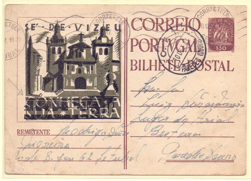 0236.jpg -     Lote:    236            Portugal       Descrição:         1944 &mdash; 3.ª Série SPP "CONHEÇA A SUA TERRA". Selo tipo Caravela. OM104AF (SÉ DE VISEU), $30. Circulado de Lisboa para Paredes (Douro) (10.12.47). Inteiro com a impressão da cor verde oliva deslocada.        IC       Valor Base:     &euro; 10,00     Valor Venda:     Retirado     