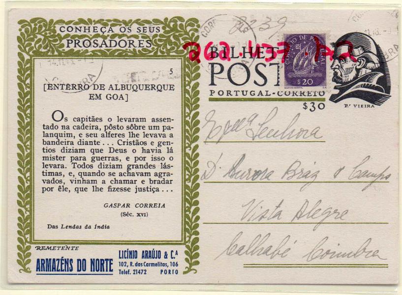 0237.jpg -     Lote:    237            Portugal       Descrição:         1948 &mdash; Conheça os seus Prosadores. OM110 n.º 5. Circulado com selo adicional tipo Caravela de $30 e repicado por "ARMAZÉNS DO NORTE / LICÍNIO ARAÚJO & CIA"        IC       Valor Base:     &euro; 8,00     Valor Venda:     &euro; 8,00     