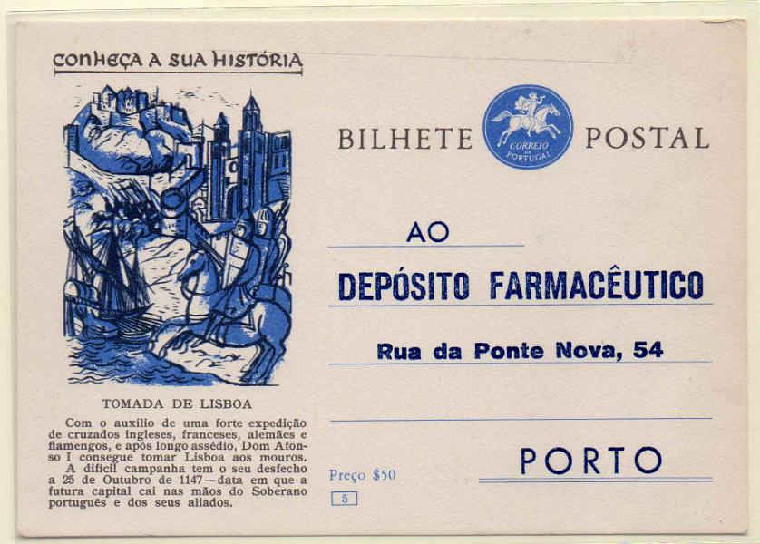 0240.jpg -     Lote:    240            Portugal       Descrição:         1956 &mdash; 1.ª Série Conheça a sua História. Postilhão sem taxa. OM135, n.º 5, ($50). Novo, repicado  pelo "DEPÓSITO FARMACÊUTICO".        IC       Valor Base:     &euro; 10,00     Valor Venda:     &euro; 10,00     
