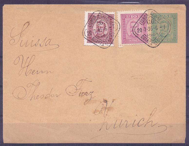 0242.jpg -     Lote:    242            Portugal       Descrição:         1892/93 &mdash; D. Carlos I, tipo Diogo Neto. OM3, 25 reis verde, circulado de Lisboa (20.07.95) para Zurique, com selos de 10 reis (pp porcelana, denteado 11 &frac12;) e 15 reis (pp porcelana, denteado 12 &frac12;) da emissão de D. Carlos I tipo Diogo Neto CE69 e 74.        IC       Valor Base:     &euro; 40,00     Valor Venda:     Retirado     