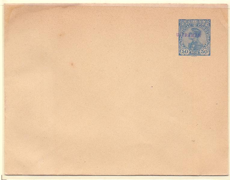 0243.jpg -     Lote:    243            Portugal       Descrição:         1910 &mdash; D. Manuel II. Sobrescritos. OM8, 50 reis azul. Inteiro com sobrecarga "ULTRAMAR", batida a violeta, aplicada em todos os 23 exemplares enviados pela UPU como mostruário e com destino ao Ministérios do Ultramar e para os arquivos das Direcções Postais das ex-colónias.        IN       Valor Base:     &euro; 50,00     Valor Venda:     &euro; 110,00     