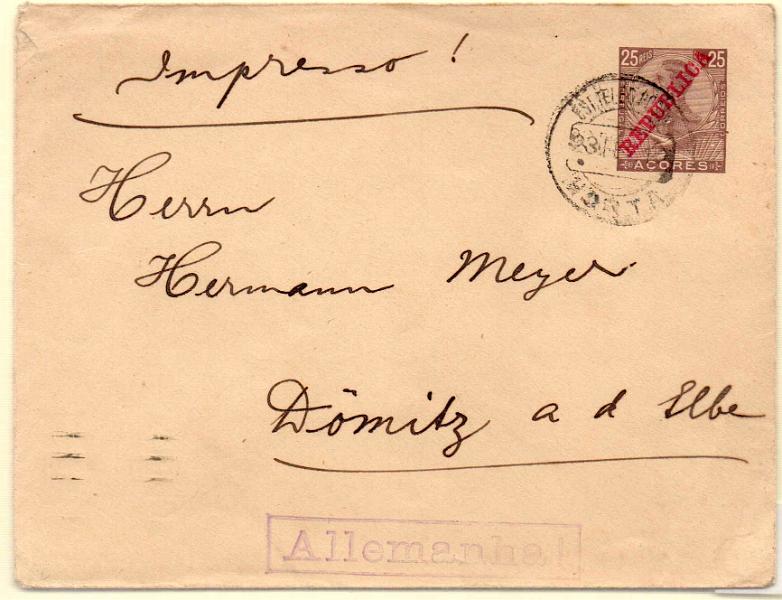 0244.jpg -     Lote:    244            Portugal       Descrição:         1911 &mdash; D. Manuel II, com sobrecarga REPUBLICA. OM9, 25 reis castanho. Circulado da Horta (23.02.12) para a Alemanha. Porte nacional utilizado para estrangeiro como porte de impresso, por ter circulado aberto. MR.        IC       Valor Base:     &euro; 20,00     Valor Venda:     Retirado     