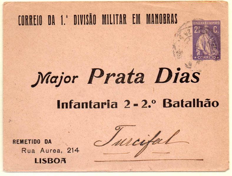0245.jpg -     Lote:    245            Portugal       Descrição:         1912 &mdash; Ceres. Sobrescritos. OM11, 2 &frac12; c violeta. Circulado de Lisboa para Turcifal, com trânsito por Torres Vedras (13.10.16). No verso carimbo de campanha do Exército Portuguez. Repicado pelo MAJOR PRATA DIAS.        IC       Valor Base:     &euro; 15,00     Valor Venda:     &euro; 28,00     