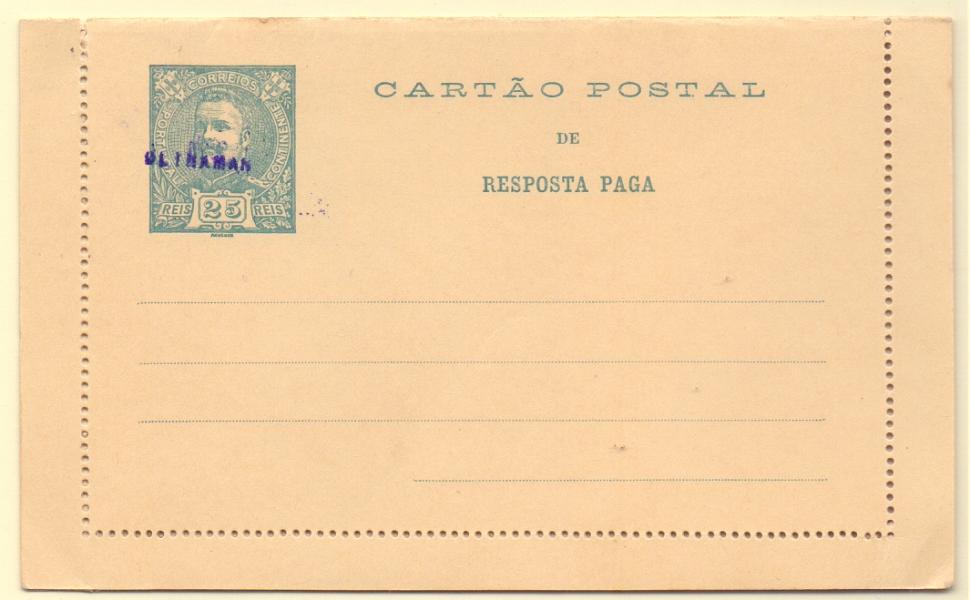 0247.jpg -     Lote:    247            Portugal       Descrição:         1902 &mdash; D. Carlos I Mouchon. Bilhetes-cartas. OM9, 25+25 reis verde. Inteiro com sobrecarga "ULTRAMAR", batida a violeta, aplicada em todos os 23 exemplares enviados pela UPU como mostruário e com destino ao Ministérios do Ultramar e para os arquivos das Direcções Postais das ex-colónias.        IN       Valor Base:     &euro; 40,00     Valor Venda:     Retirado     