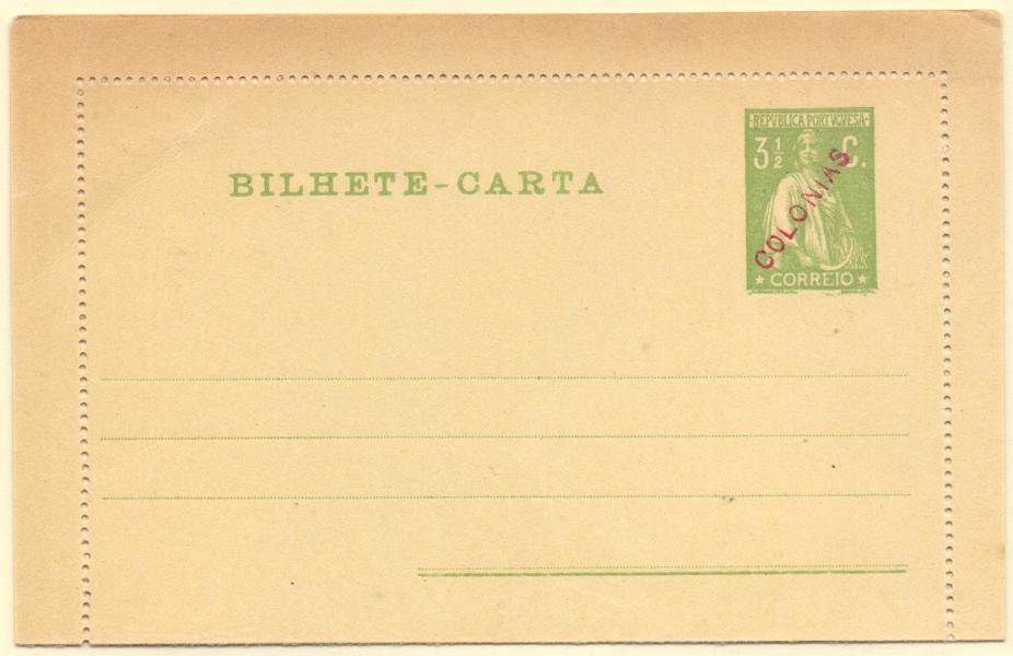0249.jpg -     Lote:    249            Portugal       Descrição:         1917/18 &mdash; Ceres. OM20, 3 &frac12; c verde. Inteiro com sobrecarga "COLÓNIAS", batida a vermelho, aplicada em todos os 23 exemplares enviados pela UPU como mostruário e com destino ao Ministérios das Colónias e para os arquivos das Direcções Postais das ex-colónias.        IN       Valor Base:     &euro; 40,00     Valor Venda:     &euro; 60,00     