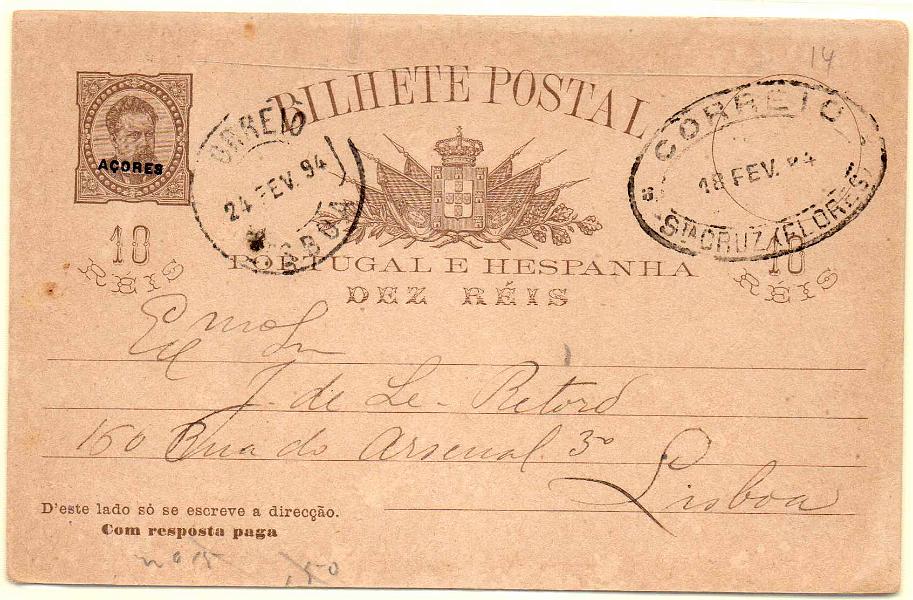 0251.jpg -     Lote:    251            Açores e Distritos Postais       Descrição:         1884/87 &mdash; S. Luís I, tipo Diogo Neto. Inteiros do Continente com sobrecarga AÇORES. OM16, 10+10 reis circulado de St.ª Cruz das Flores (18.02.94) para Lisboa (24.02.94). Carimbo dupla oval de "STA CRUZ (FLORES).        IC       Valor Base:     &euro; 25,00     Valor Venda:     Retirado     