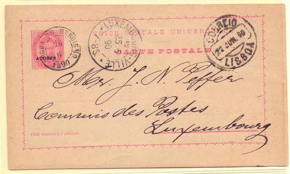 0253.jpg -     Lote:    253            Açores e Distritos Postais       Descrição:         1884/87 &mdash; D. Luís I, de frente. Inteiros do Continente com sobrecarga AÇORES pequena. OM15, 20 reis rosa. Circulado de Angra do Heroísmo (16.06.90) para o Luxemburgo (25.06.90) com trânsito por lisboa. Raro destino.        IC       Valor Base:     &euro; 15,00     Valor Venda:     Retirado     