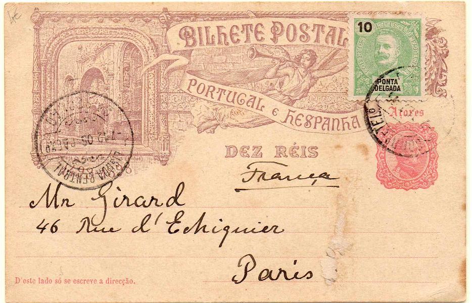 0254.jpg -     Lote:    254            Açores e Distritos Postais       Descrição:         1898 &mdash; 4.º Centenário do Descobrimento do Caminho Marítimo para a Índia. OM20F &mdash; Egreja da Conceição Velha, 10 reis. Circulado com selo adicional de 10 reis CE15 de Ponta Delgada (02.12.05) para Paris, com trânsito por Lisboa (07.12.05).        IC       Valor Base:     &euro; 15,00     Valor Venda:     Retirado     
