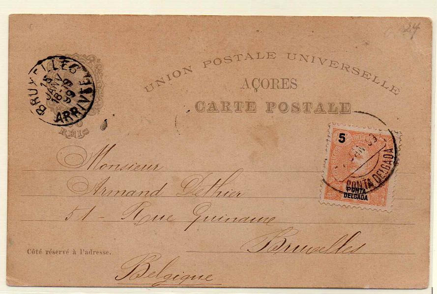 0255.jpg -     Lote:    255            Açores e Distritos Postais       Descrição:         1898 &mdash; 4.º Centenário do Descobrimento do Caminho Marítimo para a Índia. OM21A &mdash; Palácio da Pena, 20 reis. Circulado com selo adicional de 5 reis CE14 de Ponta Delgada (01.01.99) para Bruxelas (15.01.99).        IC       Valor Base:     &euro; 15,00     Valor Venda:     Retirado     