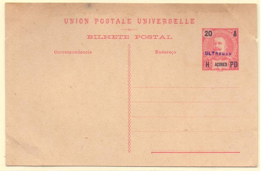 0256.jpg -     Lote:    256            Açores e Distritos Postais       Descrição:         1906 &mdash; D. Carlos I Mouchon. OM23, 20 reis carmim. Inteiro com sobrecarga "ULTRAMAR", batida a violeta, aplicada em todos os 23 exemplares enviados pela UPU como mostruário e com destino ao Ministérios do Ultramar e para os arquivos das Direcções Postais das ex-colónias.        IN       Valor Base:     &euro; 40,00     Valor Venda:     Retirado     