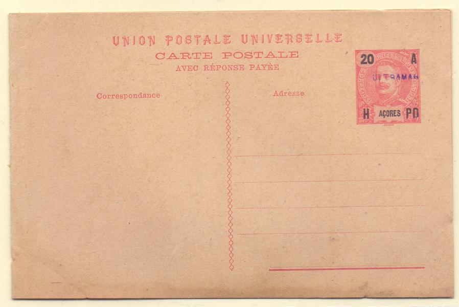 0257.jpg -     Lote:    257            Açores e Distritos Postais       Descrição:         1906 &mdash; D. Carlos I Mouchon. OM25, 20+20 reis carmim. Inteiro com sobrecarga "ULTRAMAR", batida a violeta, aplicada em todos os 23 exemplares enviados pela UPU como mostruário e com destino ao Ministérios do Ultramar e para os arquivos das Direcções Postais das ex-colónias.        IN       Valor Base:     &euro; 50,00     Valor Venda:     Retirado     