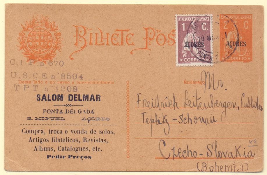 0258.jpg -     Lote:    258            Açores e Distritos Postais       Descrição:         1918/20 &mdash; Ceres. Inteiros do Continente com sobrecarga AÇORES. OM42, 2C ocre. Circulado com selo adicional de 1C Ceres de Ponta Delgada (10.03.21) para a Checoslováquia. Raro destino. Repicado por "SALOM DELMAR".        IC       Valor Base:     &euro; 20,00     Valor Venda:     &euro; 90,00     