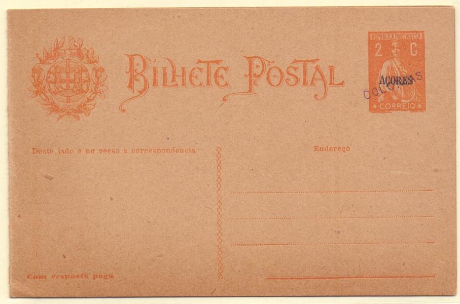 0259.jpg -     Lote:    259            Açores e Distritos Postais       Descrição:         1918/20 &mdash; Ceres. Inteiros do Continente com sobrecarga AÇORES. OM42, 2 c ocre. Inteiro com sobrecarga "COLÓNIAS", batida a violeta, aplicada em todos os 23 exemplares enviados pela UPU como mostruário e com destino ao Ministérios das Colónias e para os arquivos das Direcções Postais das ex-colónias.        IN       Valor Base:     &euro; 40,00     Valor Venda:     &euro; 40,00     