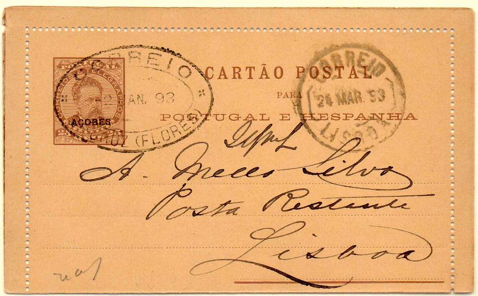 0260.jpg -     Lote:    260            Açores e Distritos Postais       Descrição:         1887 &mdash; S. Luís I, tipo Diogo Neto. Inteiros co Continente com sobrecarga AÇORES. Bilhetes-cartas. OM1, 25 reis castanho. Circulado de St.ª Cruz das Flores (02.01.93) para Lisboa. Carimbo dupla oval de "STA CRUZ (FLORES).        IC       Valor Base:     &euro; 18,00     Valor Venda:     Retirado     