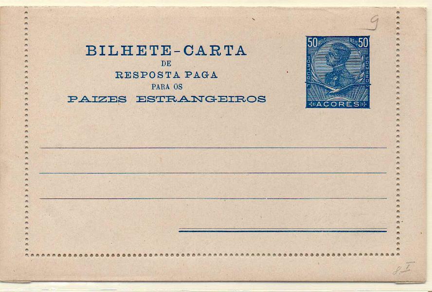 0261.jpg -     Lote:    261            Açores e Distritos Postais       Descrição:         1910 &mdash; D. Manuel II. Bilhetes-cartas. NÃO EMITIDO. Inteiro de 50+50 reis em azul. Foi fabricado mas não emitido de acordo com Oliveira Marques. MR.        IN       Valor Base:     &euro; 100,00     Valor Venda:     Retirado     