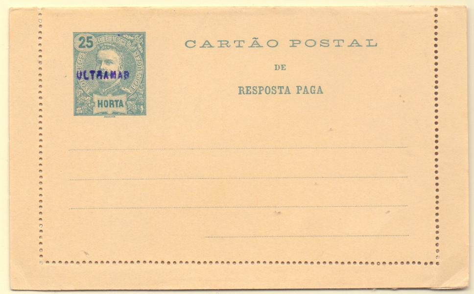0263.jpg -     Lote:    263            Açores e Distritos Postais       Descrição:         1902 &mdash; D. Carlos I Mouchon. Bilhetes-cartas. OM9, 25+25 reis verde. Inteiro com sobrecarga "ULTRAMAR", batida a violeta, aplicada em todos os 23 exemplares enviados pela UPU como mostruário e com destino ao Ministérios do Ultramar e para os arquivos das Direcções Postais das ex-colónias.        IN       Valor Base:     &euro; 40,00     Valor Venda:     Retirado     