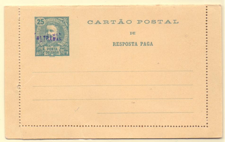 0264.jpg -     Lote:    264            Açores e Distritos Postais       Descrição:         1902 &mdash; D. Carlos I Mouchon. Bilhetes-cartas. OM6, 25+25 reis verde. Inteiro com sobrecarga "ULTRAMAR", batida a violeta, aplicada em todos os 23 exemplares enviados pela UPU como mostruário e com destino ao Ministérios do Ultramar e para os arquivos das Direcções Postais das ex-colónias.        IN       Valor Base:     &euro; 40,00     Valor Venda:     Retirado     