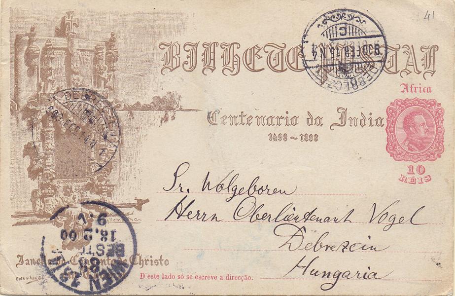 0267.jpg -     Lote:    267            África       Descrição:         1898 &mdash; 4.º Centenário do Descobrimento do Caminho Marítimo para a Índia. Emissão para África. OM1E, 10 reis. Circulado de L. Marques (18.01.00) para a Hungria (15.02.00) com trânsito por Viena (18.02.00). Deveria ter sido porteado por insuficiência de porte. .        IC       Valor Base:     &euro; 12,00     Valor Venda:     Retirado     
