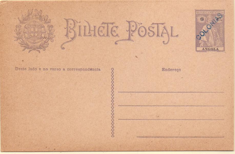 0269.jpg -     Lote:    269            Angola       Descrição:         1926 &mdash; Ceres. OM18, 6 c lilás. Inteiro com sobrecarga "COLÓNIAS", batida a azul, aplicada em todos os 23 exemplares enviados pela UPU como mostruário e com destino ao Ministérios do Ultramar e para os arquivos das Direcções Postais das ex-colónias.        IN       Valor Base:     &euro; 40,00     Valor Venda:     &euro; 70,00     
